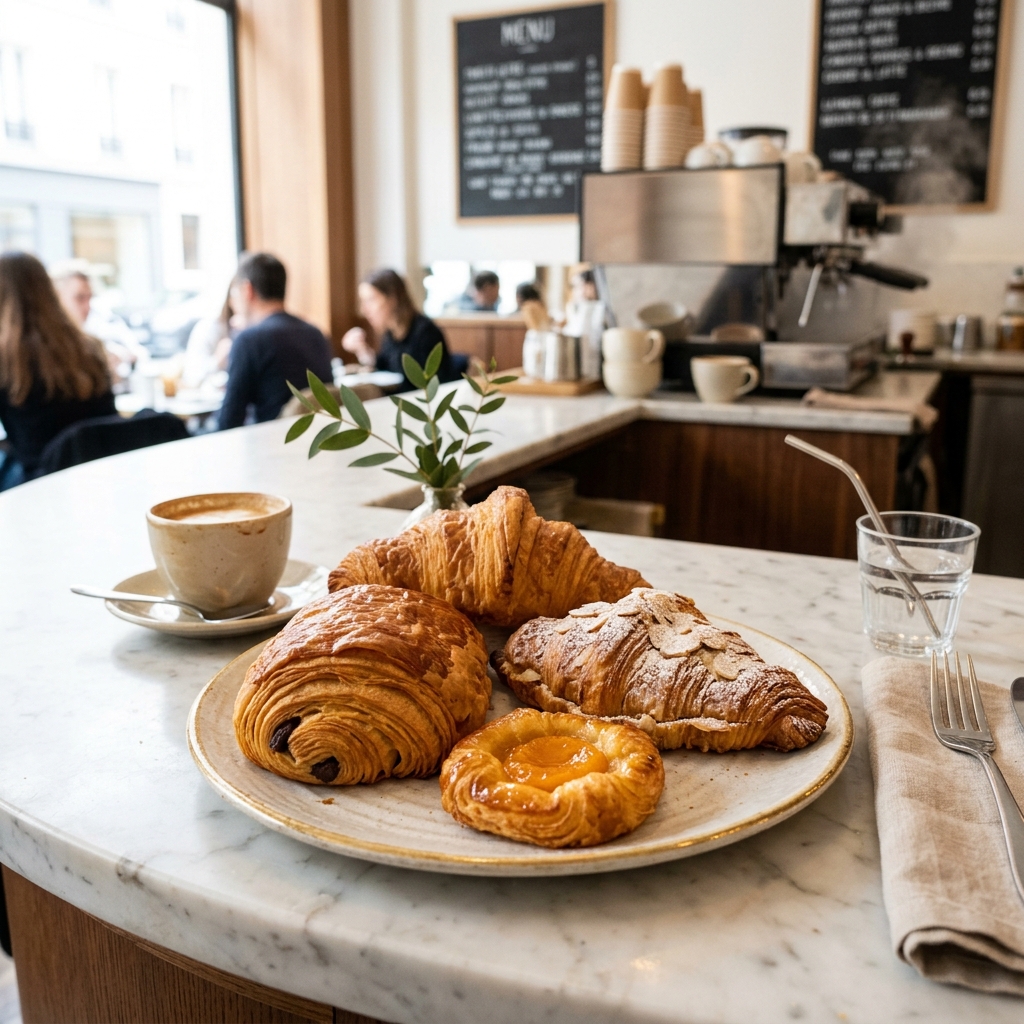 Delicate pastries and coffee in cafe background