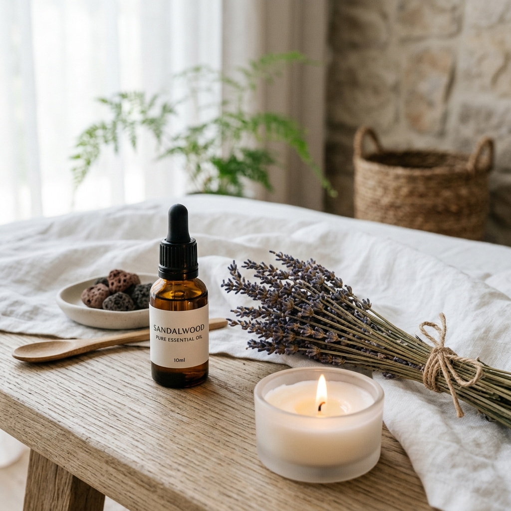 Aromatherapy bottle with lavender bundle and burning candle