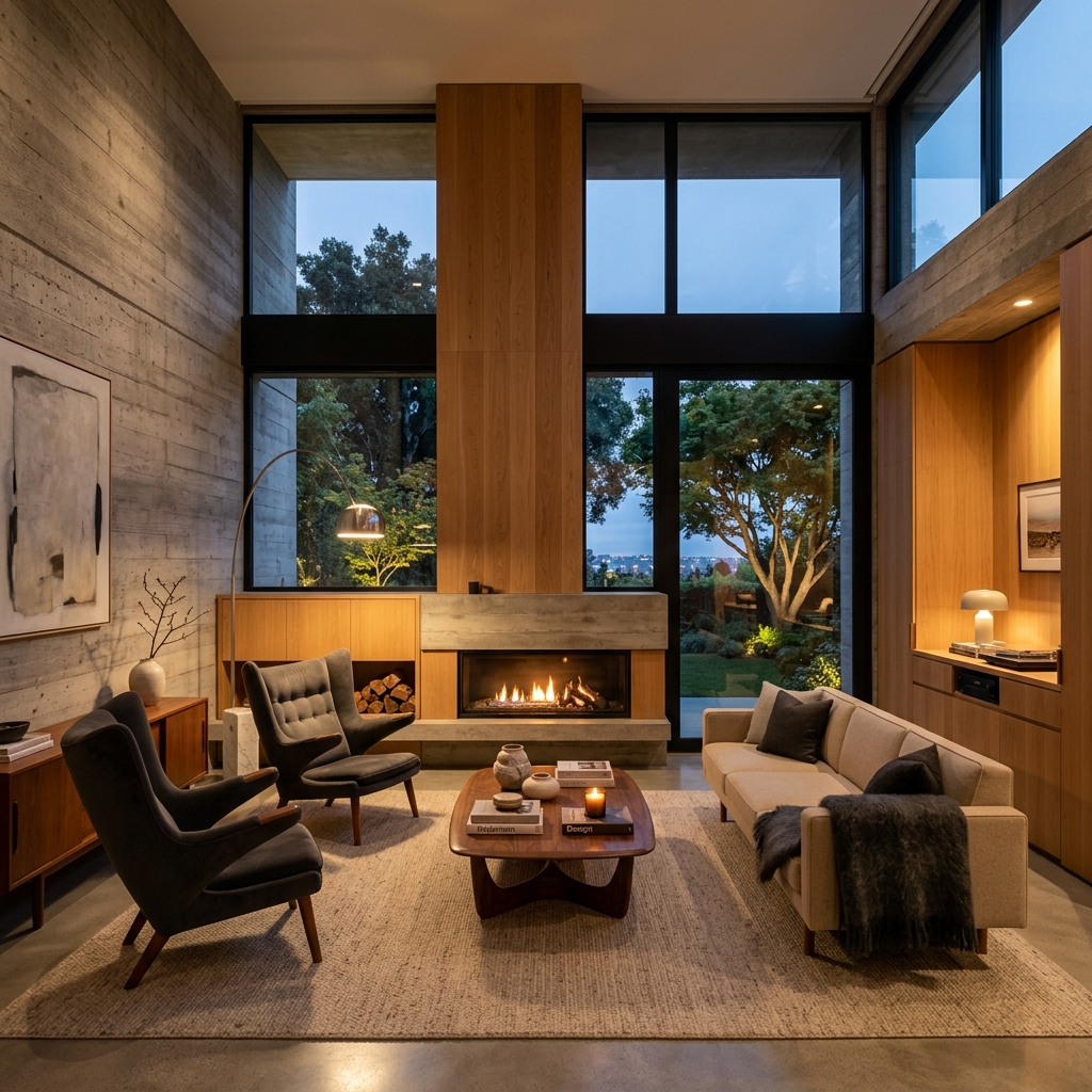 Luxurious minimalist concrete and oak wood living room showing fireplace and windows