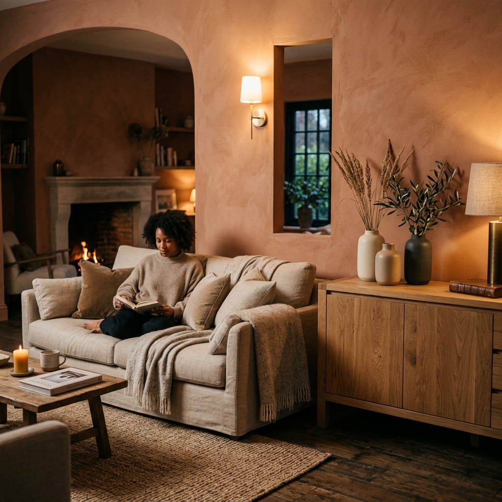Bespoke luxury lounge space with terracotta walls and solid oak sideboard